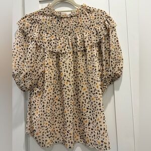 Ann Taylor Cream Ruffle Yoke Blouse with Flecked Print Medium